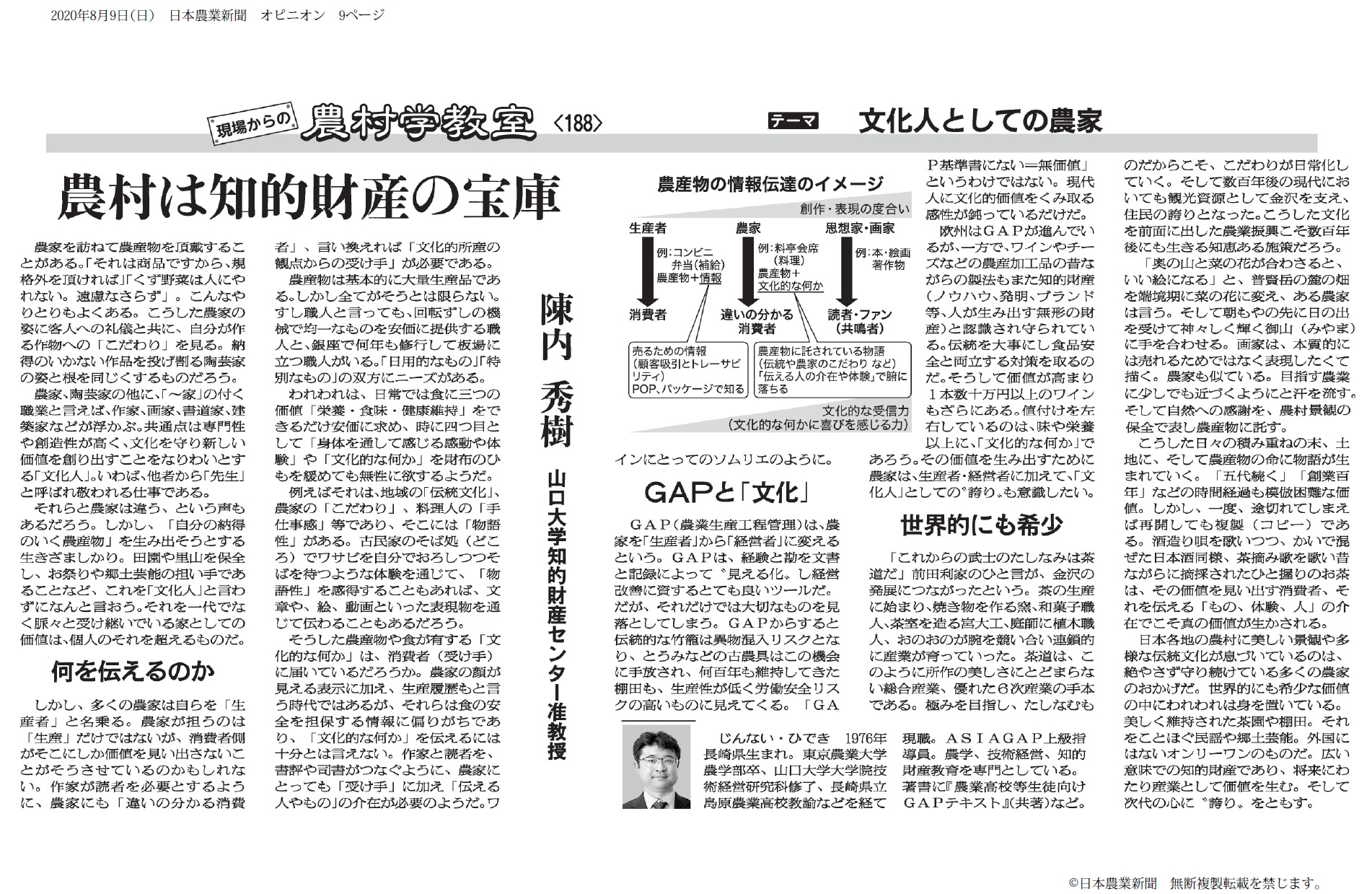 ◇『日本農業新聞』に陳内 秀樹准教授の特集記事が掲載されまし